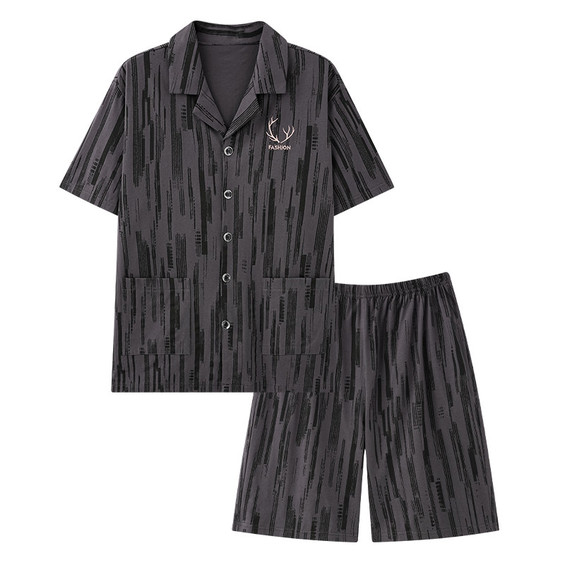 中年爸爸夏天纯棉开衫短袖家居服