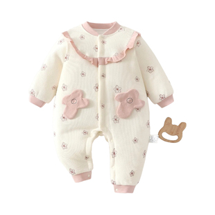 女宝宝婴儿80克夹棉连体衣秋冬季可爱花边棉服满月百天哈衣外出服