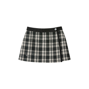 【岛屿浮游】Uena黑灰色格纹拼接灯芯绒一片式短款A字羊毛半身裙