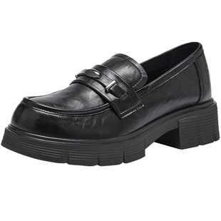 热风厚底乐福鞋女2026年春季新款英伦风百搭小皮鞋黑色粗跟女鞋子