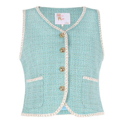 固执小香风v领撞色无袖短马夹