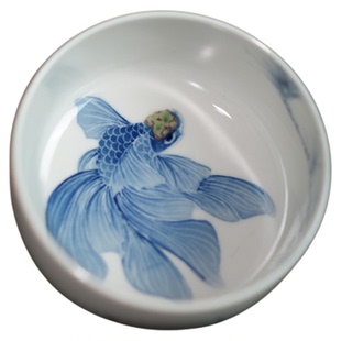 晓月庐 景德镇青花釉里红主人杯金鱼高足主人杯送人茶具礼盒装