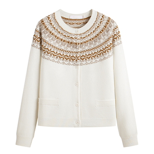 Navigare意大利小帆船纯羊毛宽松针织开衫女士费尔岛提花毛衣外套