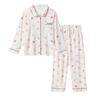 tutuanna秋冬女士睡衣 超柔面料蛋糕满印前扣长袖长裤家居服套装