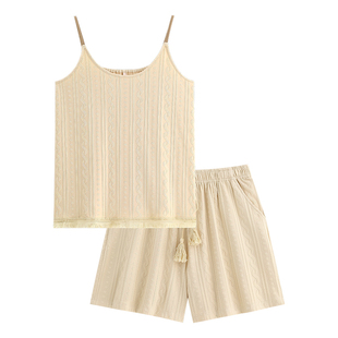 悦内带胸垫一体睡衣女士夏款夏季纯棉吊带背心短裤家居服夏天套装