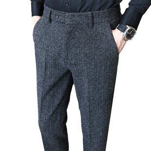 羊毛男裤子加厚毛呢人字纹秋冬季冬款条纹尼小脚呢子休闲男士西裤