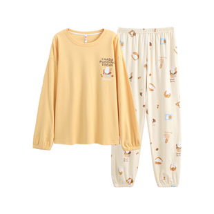 芬腾睡衣女春秋季纯棉长袖长裤套装新款宽松秋款加大码全棉家居服
