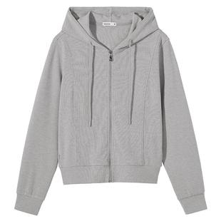 热风2026年春季新款女士舒适开衫连帽卫衣短款刺绣简约纯色