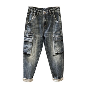重磅工装牛仔裤男款秋季宽松复古做旧痞帅裤子大码潮牌高街锥形裤