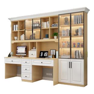 定制双人书桌学生家用电脑桌书柜书架一体写字桌欧式实木学习桌子