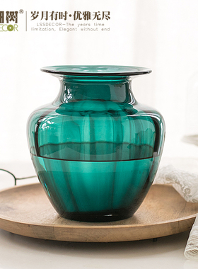 阑珊树松石墨绿色浮雕透明彩色玻璃插花瓶器复古摆件客厅简约水养