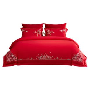 梦洁家纺婚庆四件套全棉纯棉大红色刺绣新婚结婚床单被套床上用品