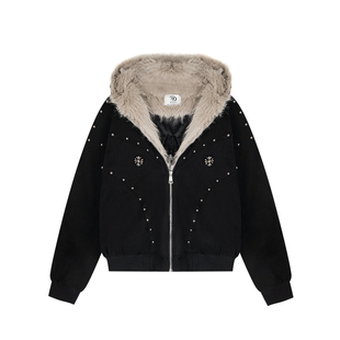 SREK冬季新款男女美式复古座山雕毛领连帽棉服女铆钉加厚情侣外套