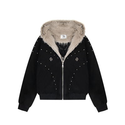 SREK冬季新款男女美式复古座山雕毛领连帽棉服女铆钉加厚情侣外套