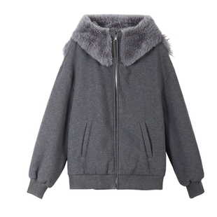 毛绒绒灰色考拉连帽拉链加绒卫衣外套女秋冬新款童趣减龄宽松开衫
