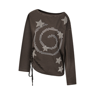 Double L2 美式条纹星星贴布系带长袖T恤女宽松显瘦打底衫上衣潮