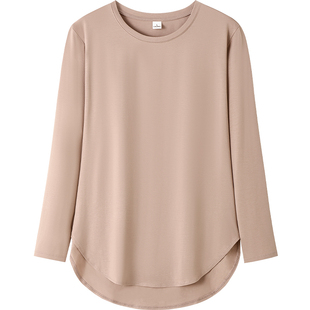春秋外穿薄款前短后长圆角弧形下摆两侧开叉宽松长袖t恤打底衫女