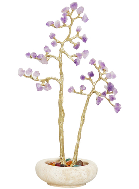 黄洞石聚宝盆紫水晶发财树摆件