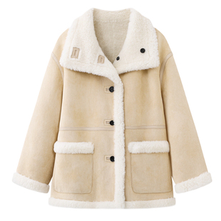 MO正品2025冬新品复古游牧毛绒拼接宽松高领厚实大衣MBE4COT022