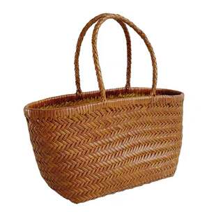 法式牛皮手工编织包手提单肩菜篮子托特包简约时尚真皮女度假春夏