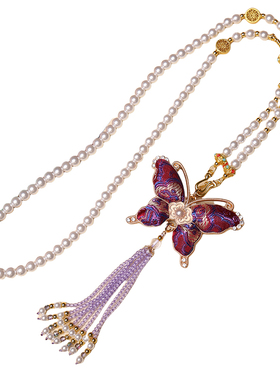 宋锦紫色蝴蝶珍珠链闺蜜毛衣链