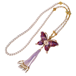 宋锦项链紫色蝴蝶双面水晶流苏珍珠项链古风挂链汉服旗袍毛衣链