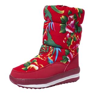 2024冬季雪地靴加绒加厚中筒民族棉靴女款东北旅游保暖大红花棉鞋