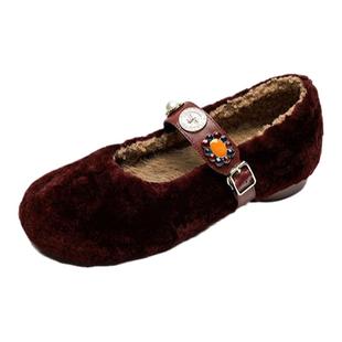 羊皮毛一体加绒单鞋女冬季女鞋法式名媛平底浅口马丽珍毛毛鞋浅色