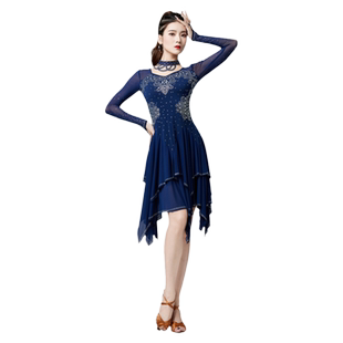 拉丁舞黑池比赛表演出服2025新款专业花服重工烫钻跳舞长袖连衣裙