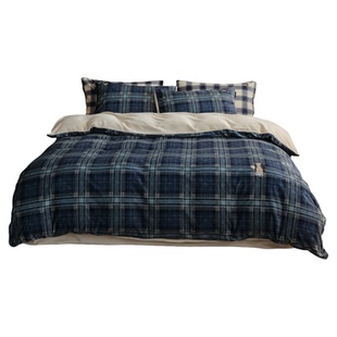 TeenieWeenie小熊蓝色格子牛奶绒床上四件套儿童加绒耐脏被套床笠