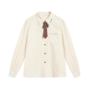 紫涵刺绣长袖衬衫女冬季新款甜美学院风100%纯棉简约百搭领带上衣