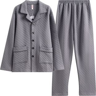 芬腾男睡衣秋冬空气棉夹层长袖纯棉套装春秋男款加厚加大码家居服