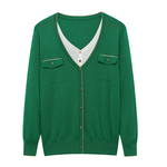 秋装女款2025年新款假两件长袖T恤女桑蚕丝妈妈针织上衣V领打底衫