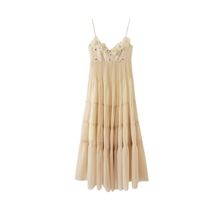 西町村屋手工花朵收腰吊带连衣裙夏季新款气质长款裙子XXAB10622