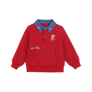 小O爸男婴童 宝宝红色卫衣春秋2026新款翻领婴儿刺绣外穿春装