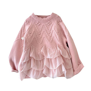 女童毛衣儿童针织衫2025洋气花边宝宝春秋毛线衣童装蕾丝套头衫潮