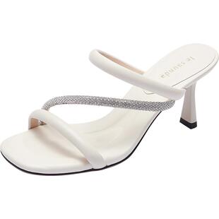 莱尔斯丹春夏新款时尚优雅钻条方头细高跟凉鞋女拖鞋4M72201