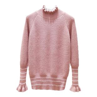 清仓!毛茸条纹木耳边半高领毛衣女宽松内搭秋冬新款长袖针织打底