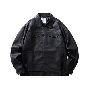 悟空有货美式复古鳄鱼纹PU皮翻领夹克男潮牌情侣宽松百搭休闲外套