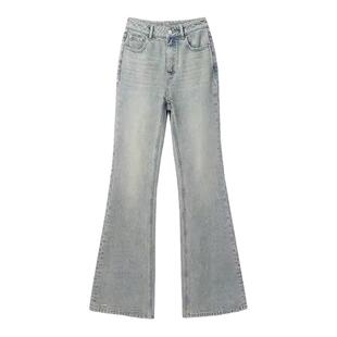 BLUEWEDIAN美式复古水洗微喇叭牛仔裤春季显瘦做旧裤子女士