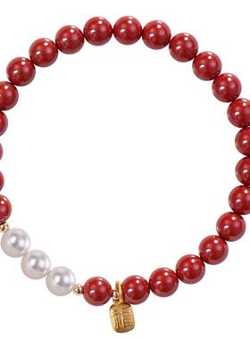 保真朱砂施h家珍珠小福牌手链