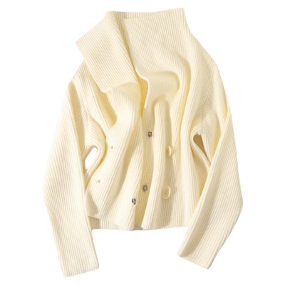 大于诗集 暮光烤雪大翻领短款箱型开衫外套女慵懒风宽松粗针毛衣