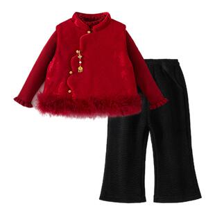 新年服装女童年服新中式洋气小公主冬装女宝宝国风婴幼童红色套装