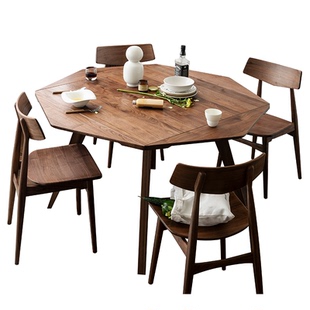 物应北欧全实木胡桃木可变形餐桌折叠八角方桌圆桌两用餐桌椅组合
