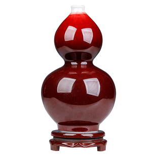 景德镇建国瓷厂郎红釉陶瓷葫芦花瓶摆件小号新中式客厅高端艺术品