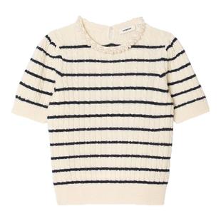季末7折SANDRO2025秋冬新款女装绵羊毛黑白条纹仿珠饰绞花针织衫