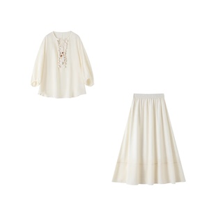 XWI欣未波西米亚度假风含醋酸套装女夏优雅系带小衫半身裙两件套