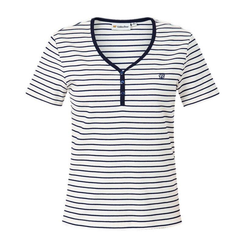 【夏季新品】GOLDEN BEAR/金熊女装2026撞色条纹修身短袖圆V领T恤
