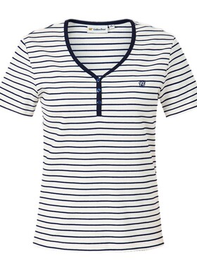 【夏季新品】GOLDEN BEAR/金熊女装2026撞色条纹修身短袖圆V领T恤