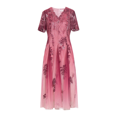 HONRN/红人收腰刺绣中长款连衣裙